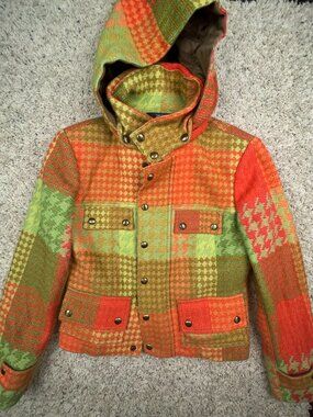 Per Se Women’s Size 8 Jacket Orange Green Wool Zip Up Snap Heavy Winter Fall